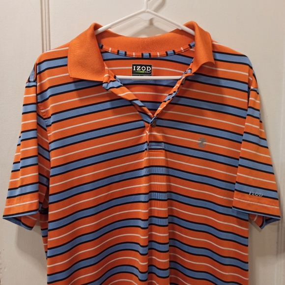 IZOD GOLF POLO SHIRT SS Mens L Athletic Orange Blue Striped Perform X Polyester - Picture 3 of 9